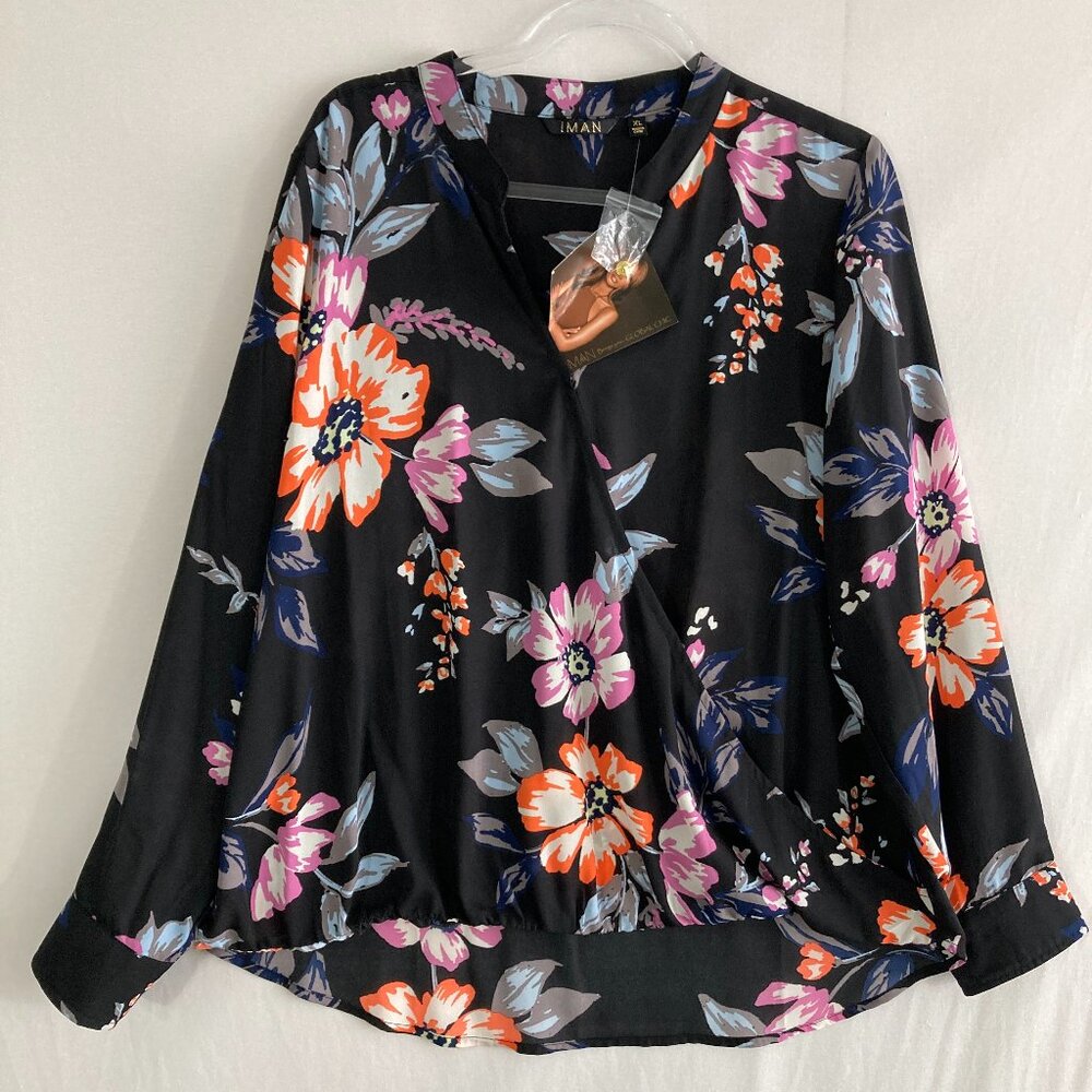 New IMAN Blouse size XL Black‎ Multi Color Floral Long Sleeve Feminine Office